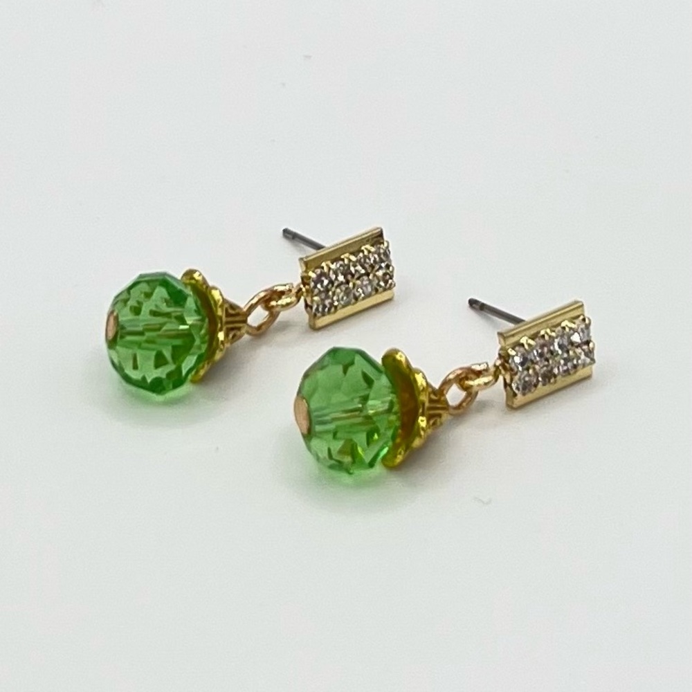 Gold Rhinestone Stud Earrings with Green Crystals